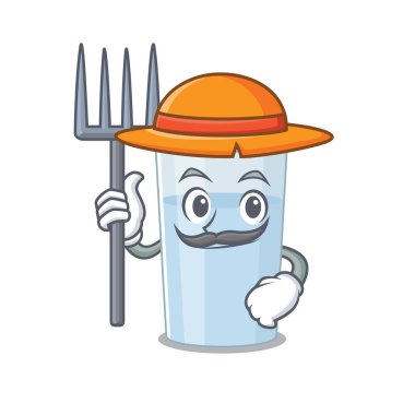 Bir bardak su maskotu tasarımı şapka takan bir çiftçi olarak çalışıyor. Vektör illüstrasyonu