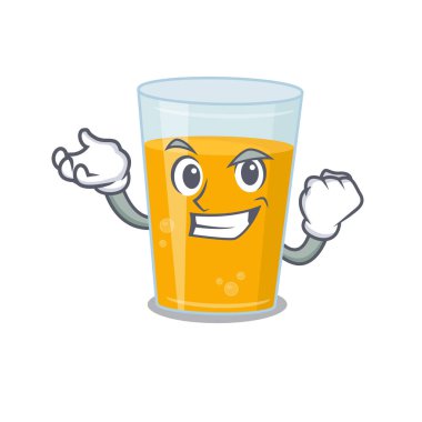 Komik bir çizgi film tasarımı, gülen yüzlü bir bardak portakal suyu. Vektör illüstrasyonu