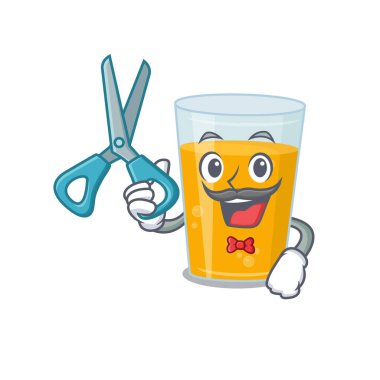 Yetenekli berber olarak bir bardak portakal suyu çizgi film karakteri tasarımı. Vektör illüstrasyonu