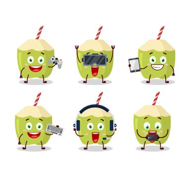 Yeşil hindistan cevizi çizgi film karakteri çeşitli şirin ifadelerle oyunlar oynuyor