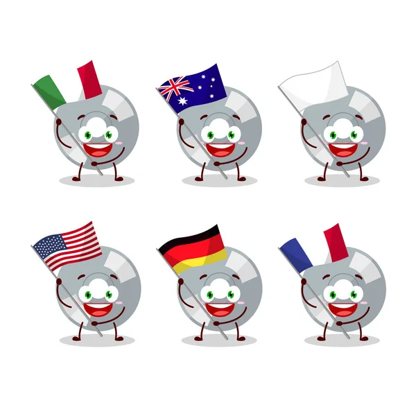 Компактный дисковый персонаж мультфильма приносит флаги разных стран — стоковый вектор
