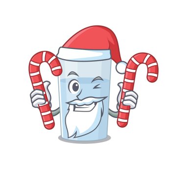 Noel Baba çizgi film karakteri kılığındaki dostane bir bardak su ve Noel şekeri. Vektör illüstrasyonu