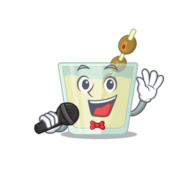 Martini kokteylinin çizgi film karakteri mikrofonla şarkı söylüyor.