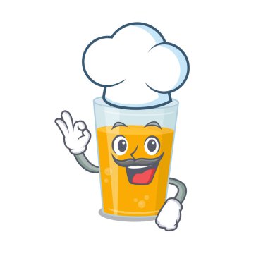 Şef şapkası takan yetenekli bir portakal suyu şefi çizgi filmi çizimi. Vektör illüstrasyonu