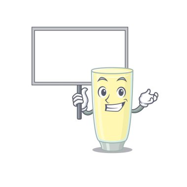 Çığlık atan orgazm kokteyle ait çizgi film maskot tasarımı bir tahta taşıyor.