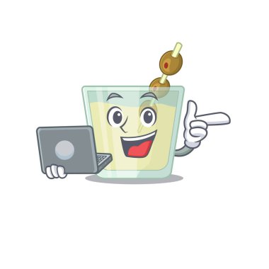 Evde dizüstü bilgisayarla martini içip ders çalışan zeki bir çizgi film karakteri.