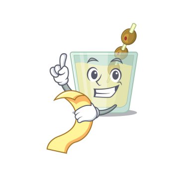 Elinde menü olan martini kokteyli maskotu karakteri.