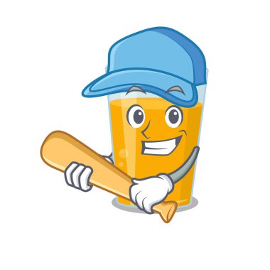 Çekici bir bardak portakal suyu karikatürü karakteri beyzbol oynuyor. Vektör illüstrasyonu