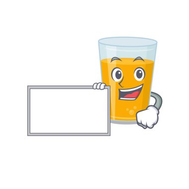 Çizgi film karakteri tasarımı. Bir bardak portakal suyu, bir tahta tutuyor. Vektör illüstrasyonu