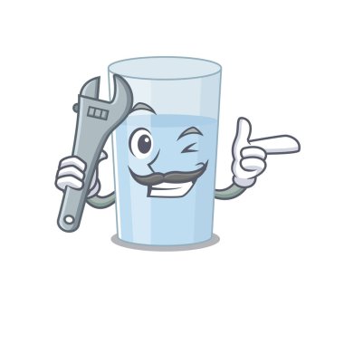 Tamirci olarak çalışan bir bardak suyun karikatür resmi. Vektör illüstrasyonu