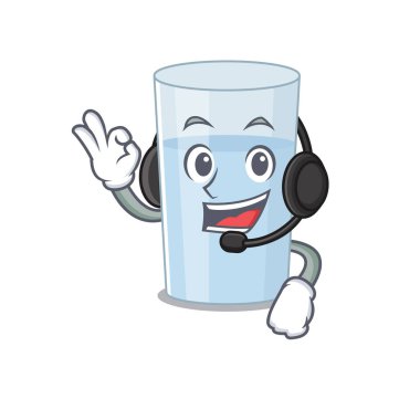 Kulaklık takan çarpıcı bir su maskotu karakteri konsepti. Vektör illüstrasyonu