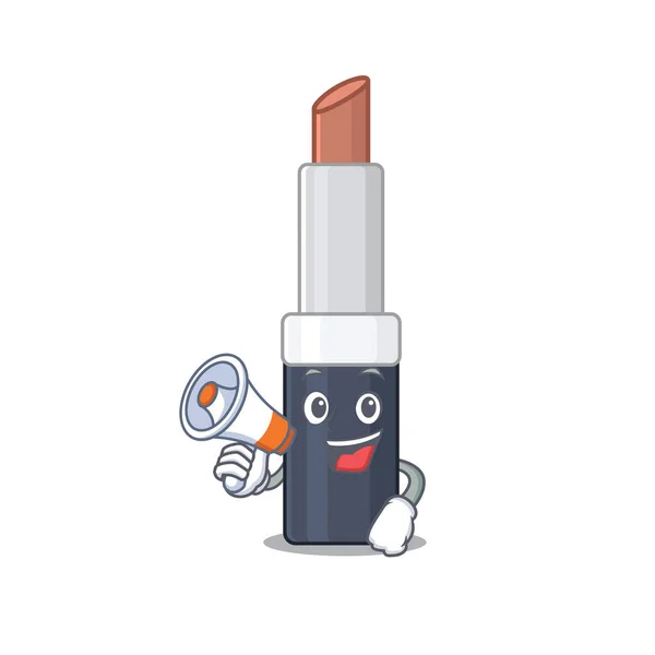 Diseño de la mascota de lápiz labial marrón anunciando nuevos productos en un megáfono — Archivo Imágenes Vectoriales