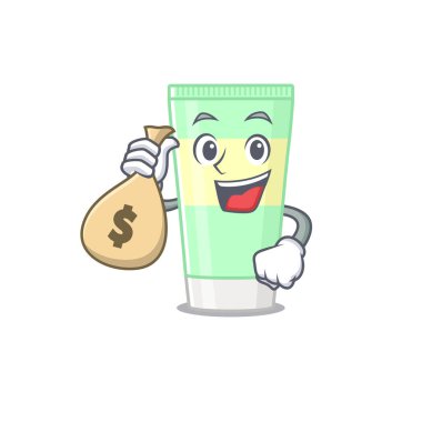 Çılgın zengin temizleyici köpük maskotu tasarımı para çantaları var.