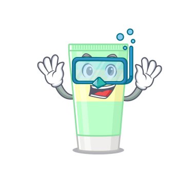 Temizleyici köpük maskot tasarımı dalış gözlükleriyle yüzer