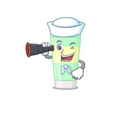 Dürbün kullanarak temizleyen köpük denizcisinin karikatür resmi.