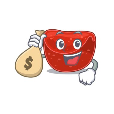 Manyak zengin köfte maskotu tasarımı para çantaları var. Vektör illüstrasyonu