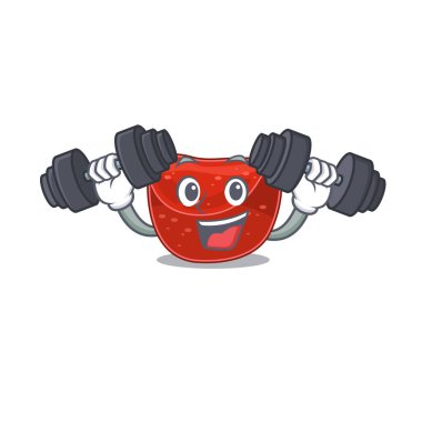 Köfte maskot tasarımı egzersiz sırasında halterleri kaldırmaktan mutluluk duyar. Vektör illüstrasyonu