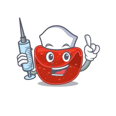 Köfte, şırıngalı hemşire maskotu tasarımı. Vektör illüstrasyonu