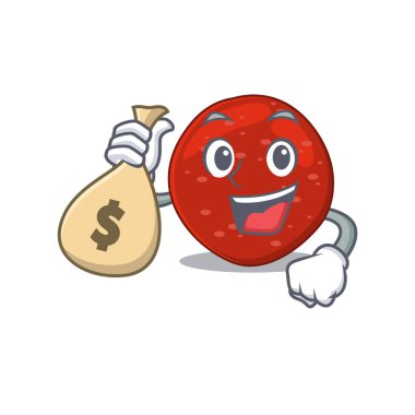 Çılgın zengin peperoni maskot tasarımı para çantaları var. Vektör illüstrasyonu