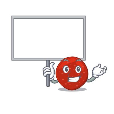 Peperoni maskot tasarım tarzının karikatür resmi bir tahta taşır. Vektör illüstrasyonu