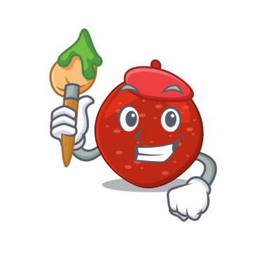 Artistik peperoni sanatçısı bir maskot tasarımı fırça kullanıyor. Vektör illüstrasyonu