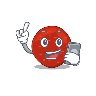 Peperoni karikatür karakteri telefonda arkadaşlarıyla konuşuyor. Vektör illüstrasyonu