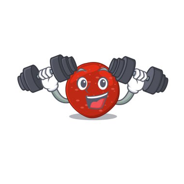 Peperoni maskot tasarımı egzersiz sırasında halterleri kaldırmaktan mutluluk duyar. Vektör illüstrasyonu