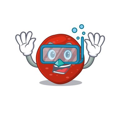 Peperoni maskot tasarımı dalış gözlükleriyle yüzer. Vektör illüstrasyonu