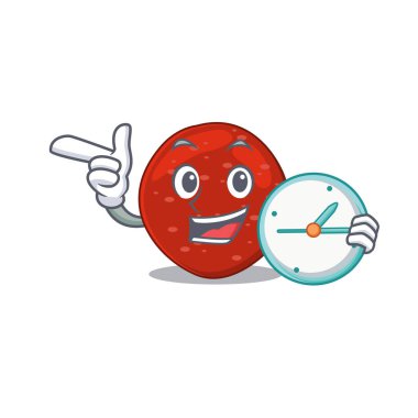 Peperoninin maskot tasarım stili elinde saatle ayakta duruyor. Vektör illüstrasyonu