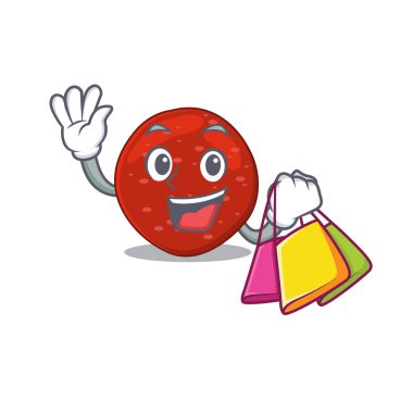 Alışveriş torbaları olan zengin peperoni çizgi film karakteri. Vektör illüstrasyonu