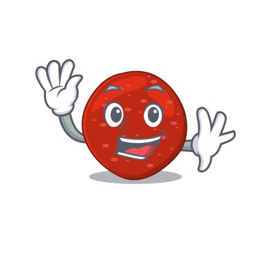 Çekici bir peperoni maskot tasarımı gülümseme ve el sallama. Vektör illüstrasyonu