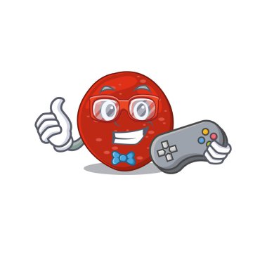 Peperoni oyuncusunun maskot tasarım stili kontrolörle oynuyor. Vektör illüstrasyonu