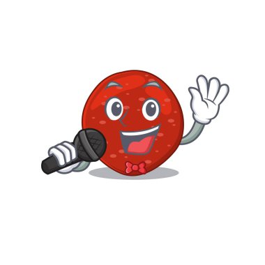 Çizgi film karakteri mikrofonla şarkı söylüyor. Vektör illüstrasyonu