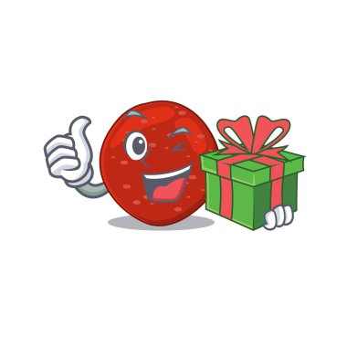 Büyük hediye kutusu olan neşeli peperoni çizgi film karakteri. Vektör illüstrasyonu