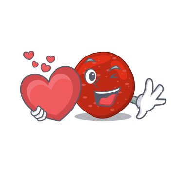 Büyük bir kalp taşıyan tatlı bir peperoni çizgi film karakteri. Vektör illüstrasyonu