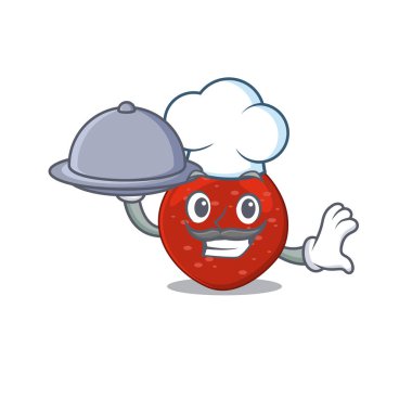 Peperoni şefinin maskot tasarımı tepside yemek servisi yapıyor. Vektör illüstrasyonu