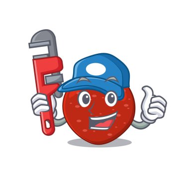 Çizgi film karakteri dizaynı peperoniyi aletli bir tesisatçı olarak tasarladı. Vektör illüstrasyonu