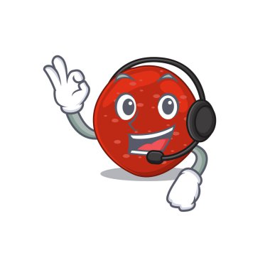 Kulaklık takan göz kamaştırıcı bir peperoni maskot karakteri. Vektör illüstrasyonu