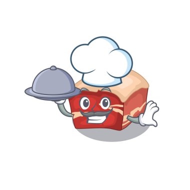 Maskot karakteri tarzı domuz göbeği şefi tepside yemek servisi yapıyor.