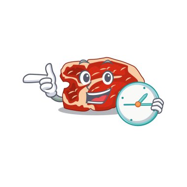 Bir saat tutan neşeli bir T-bone resmi.