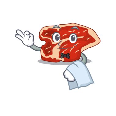 Beyaz peçeteli bir garson olarak karikatür dizayn edilmiş T-bone.