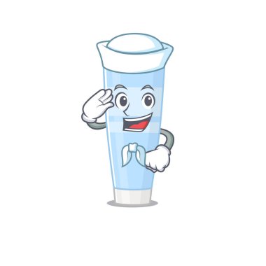 Gülen denizci çizgi film karakteri, göz kremi beyaz şapka ve kravat takıyor.