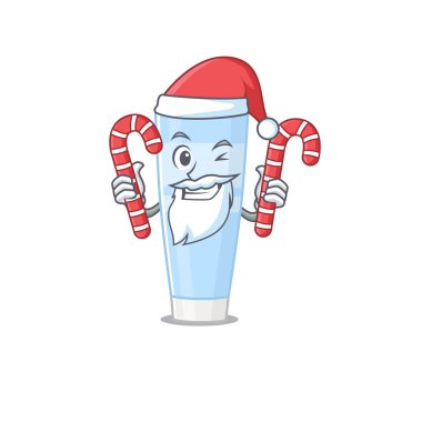 Noel karikatür karakteri gibi giyinmiş arkadaş canlısı göz kremi ve Noel şekeri.