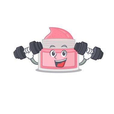 Egzersiz sırasında kaslı vücut maskotu tasarımı ve halterli halterler