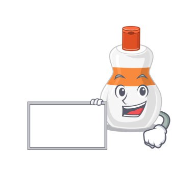 Beyaz bir tahta tutan vücut losyonunun çizgi film karakteri biçimi