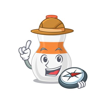 Yolculuk sırasında pusula kullanan kaşifin vücut losyonu tasarım stili