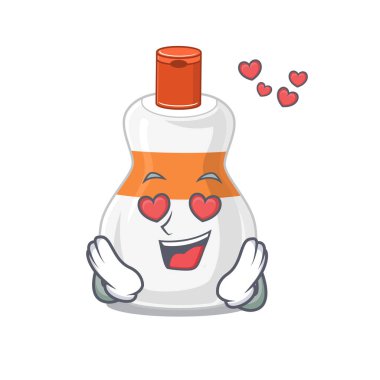 Tutkulu bir vücut losyonu çizgi film maskotu konsepti aşık gözlere sahiptir.