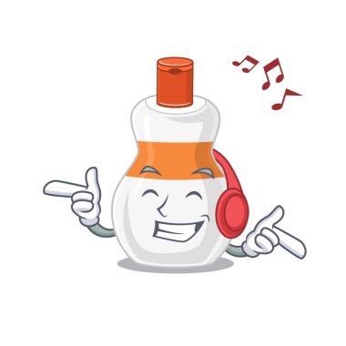 Kulaklıkla müzik dinleyen vücut losyonunun karikatür tasarımı.