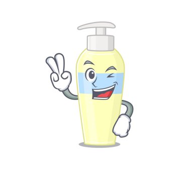 Mutlu serum çizgi film tasarımı konsepti iki parmak gösteriyor