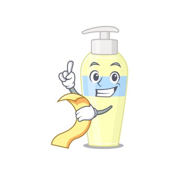 Elinde menü olan Serum maskotu karakteri.